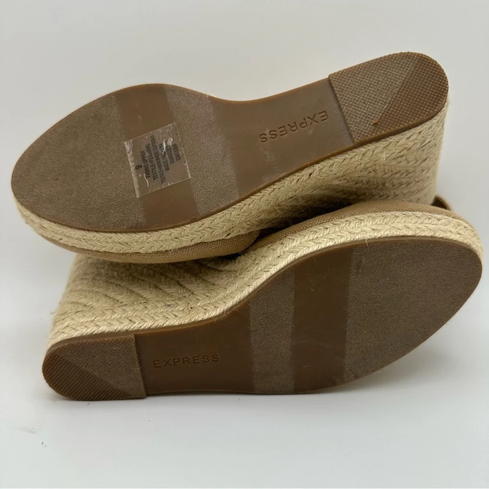 EXPRESS espadrille wedge Black/white Ribbon Ankle Wrap Fabric Tan size 9…